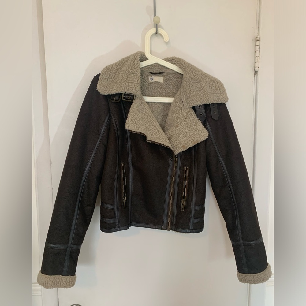 Women's Brown Sherpa Motorcycle Coat Size 10